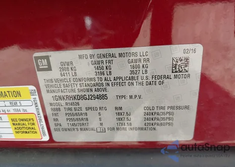 2016 Chevrolet Traverse 2Lt z USA, uszkodzony, nr VIN 1GNKRHKD8GJ294885